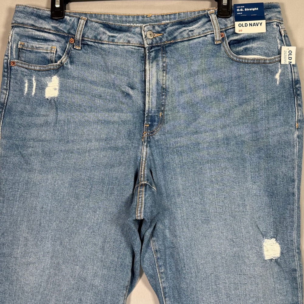 Old Navy OG Straight High Rise Ankle Jeans 20 Medium Light Wash Distressed NEW - Picture 2 of 11